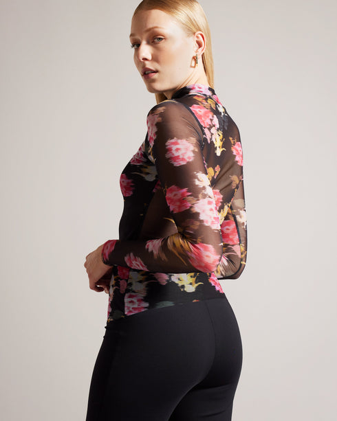 MALYEL-Tops-Versatile and eye-catching, the MALYEL top can be dressed up or down. Pair it with tailored trousers or a skirt for a sophisticated ensemble, or style it with jeans for a casual happy hour. Mesh top Glitched peony print Fitted silhouette Long sleeves High neck with gathered front Lined front Raw hem- Ted Baker Romania